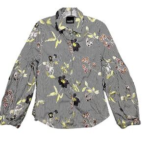 Nanette Lepore Small Striped Floral Embroidered Button Down Shirt Black White